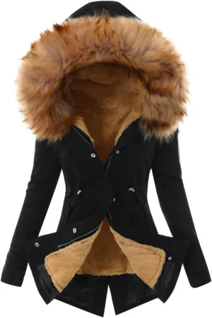 Women's Thick Fleece Lined Parka Faux Fur Collar Camouflage Solid Winter Coats Hooded Jackets Military Anorak Pockets