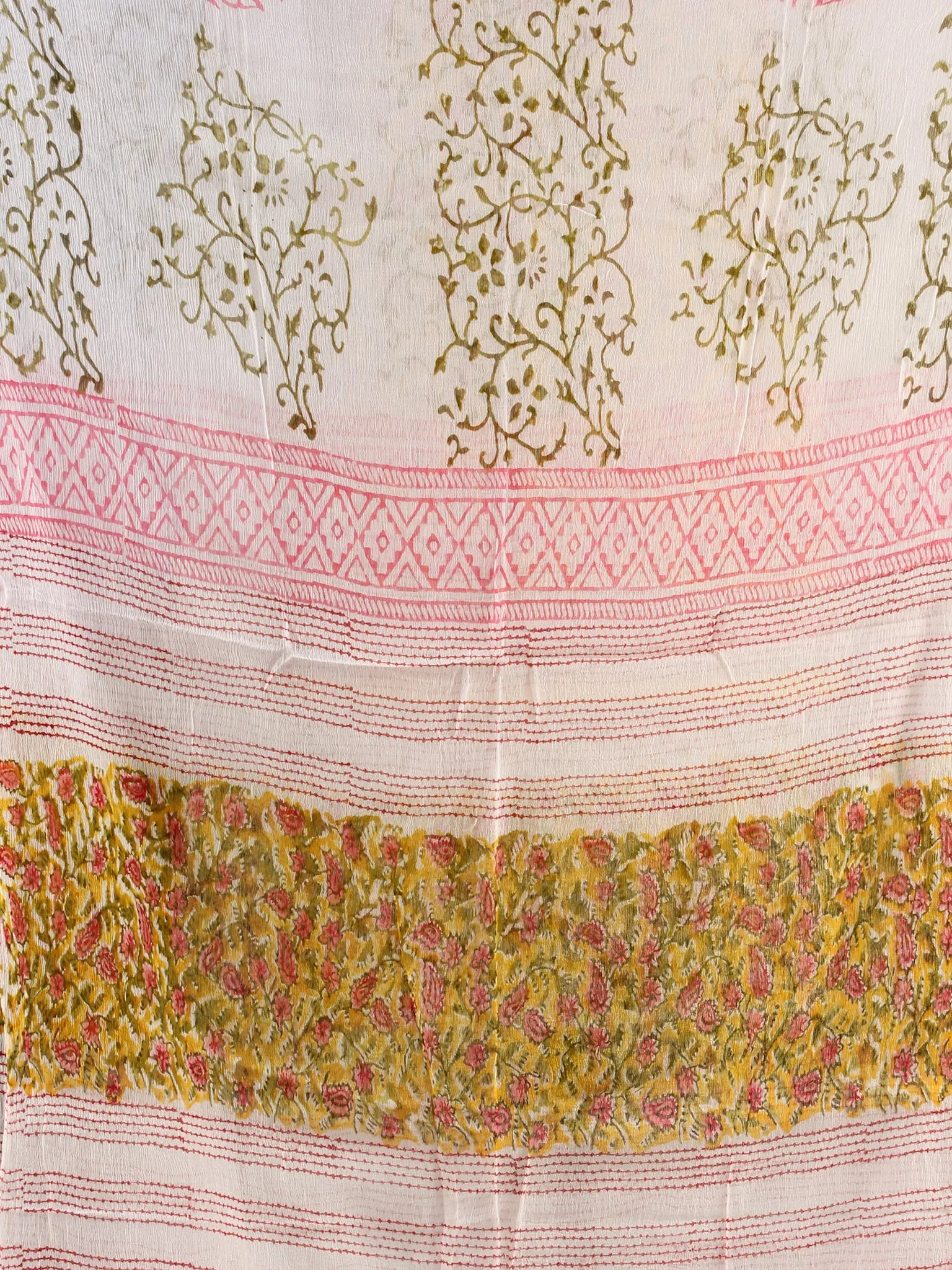 Yellow Pink Green Hand Block Printed Cotton Suit-Salwar Fabric With Chiffon Dupatta (Set of 3) - SU01HB447