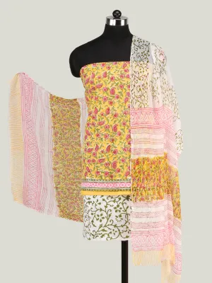 Yellow Pink Green Hand Block Printed Cotton Suit-Salwar Fabric With Chiffon Dupatta (Set of 3) - SU01HB447