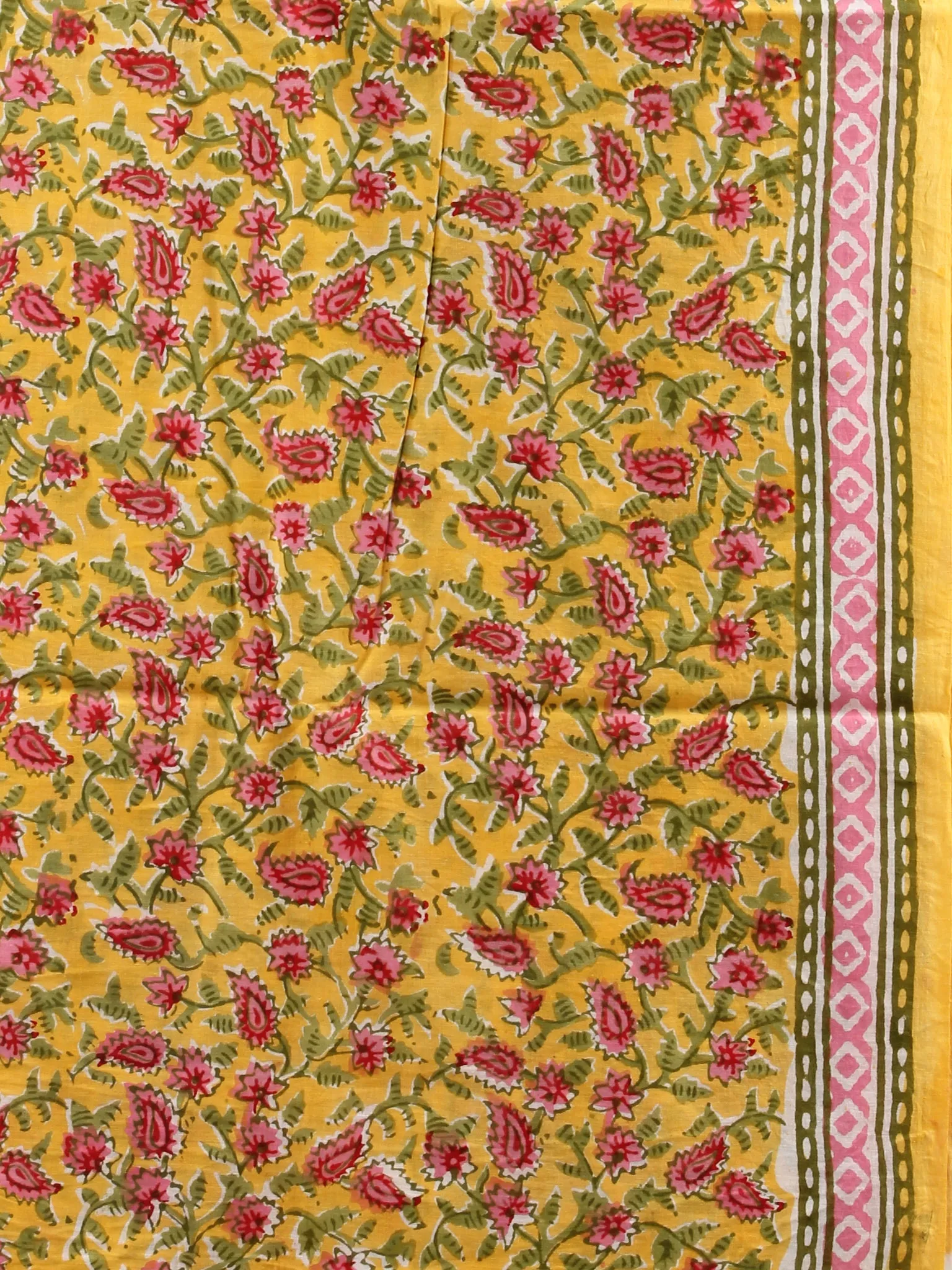 Yellow Pink Green Hand Block Printed Cotton Suit-Salwar Fabric With Chiffon Dupatta (Set of 3) - SU01HB447