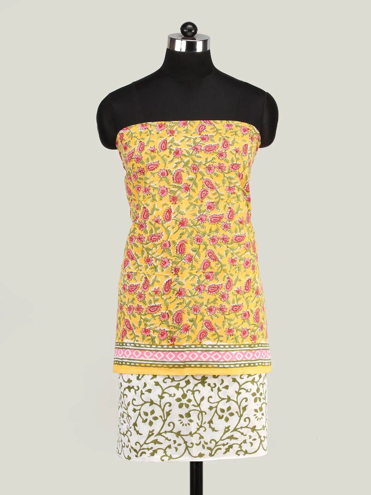 Yellow Pink Green Hand Block Printed Cotton Suit-Salwar Fabric With Chiffon Dupatta (Set of 3) - SU01HB447
