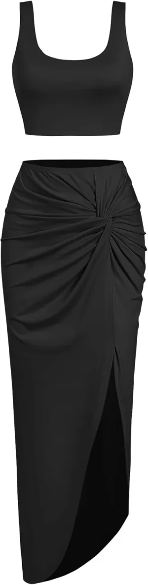 ZAFUL Womens 2 Pieces Skirt with Crop Tank, High-Slit Twist Skirt Set Bodycon Dress for Party Club Nightout Cocktail