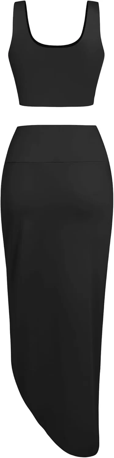 ZAFUL Womens 2 Pieces Skirt with Crop Tank, High-Slit Twist Skirt Set Bodycon Dress for Party Club Nightout Cocktail