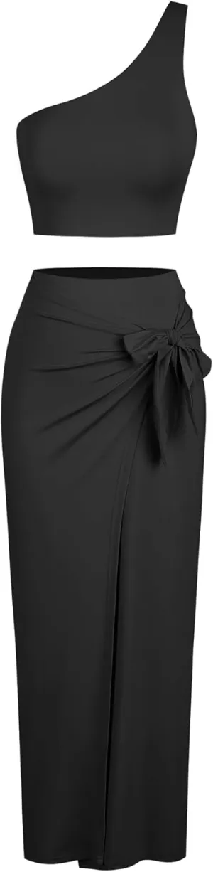 ZAFUL Womens 2 Pieces Skirt with Crop Tank, High-Slit Twist Skirt Set Bodycon Dress for Party Club Nightout Cocktail