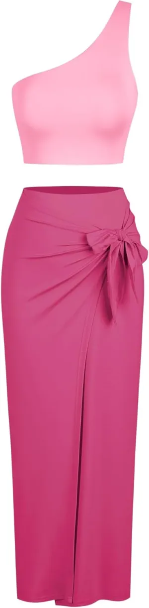 ZAFUL Womens 2 Pieces Skirt with Crop Tank, High-Slit Twist Skirt Set Bodycon Dress for Party Club Nightout Cocktail